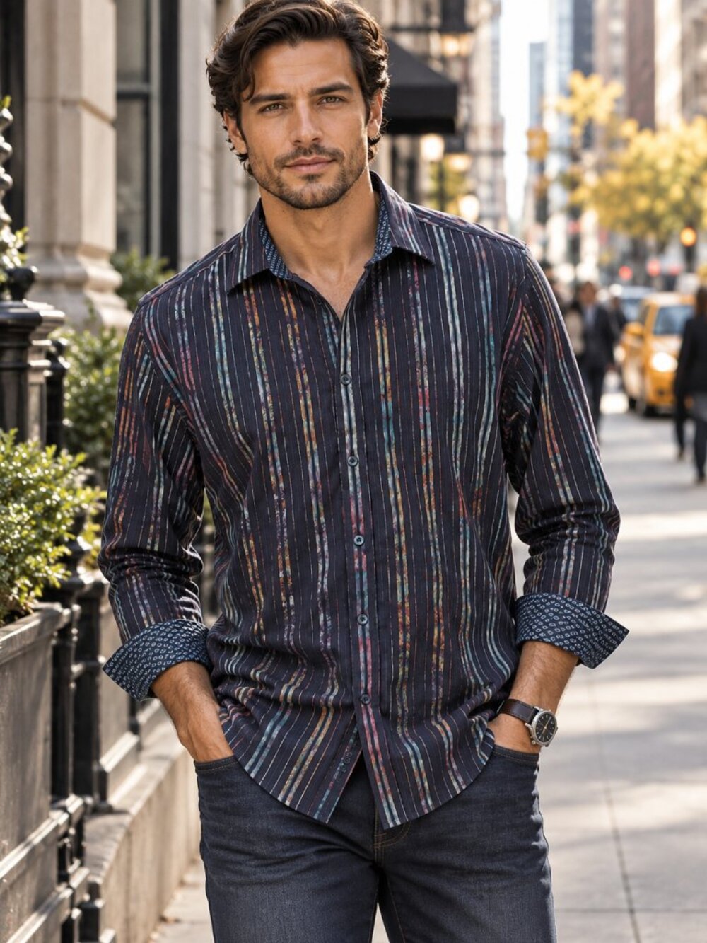 Bugatchi Uomo Men’s XL Multicolor Striped Button-Up Shirt Shaped Fit